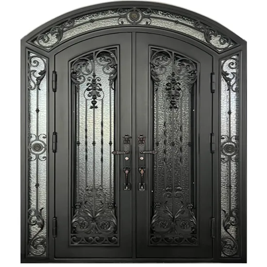 Porte d'entrée extérieure en fer forgé sur mesure, porte principale pivotante en acier français de sécurité en métal et verre
