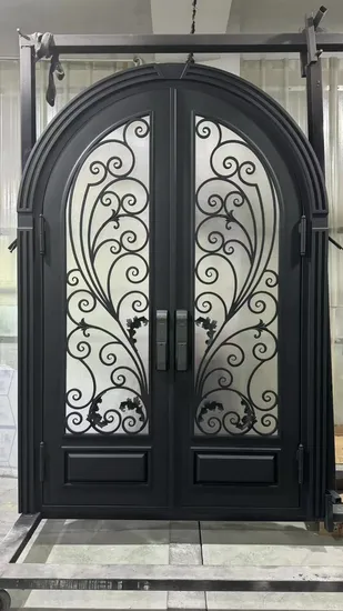 Porte en fer forgé de style français, porte principale, design de maisons, sécurité, métal, verre, façade extérieure, double porte