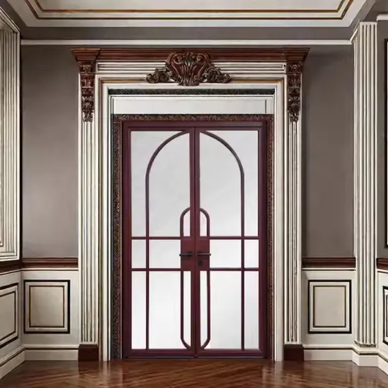 Porte-fenêtre ronde en fer forgé de style personnalisé, porte-fenêtre française en acier et fer pour villa