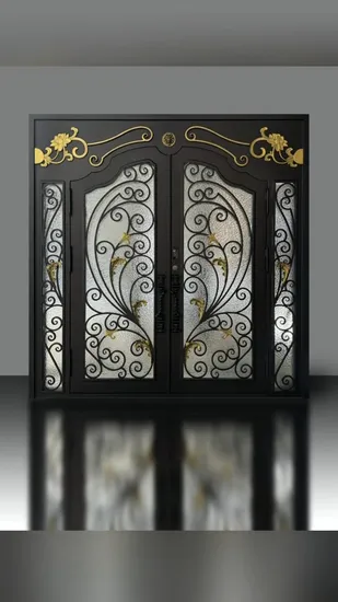Portes d'entrée extérieures populaires en fer forgé pour entrée principale, portes extérieures en verre à double vitrage